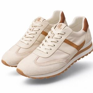 New in Box $155 Ralph Lauren Dani Cream and Tan Sneakers sz 9.5